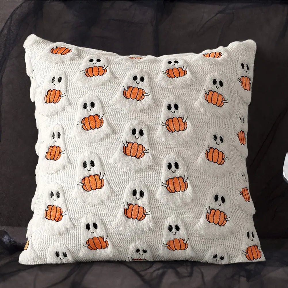 Halloween Pumpkin & Ghost Throw Pillow Cover | Plush Faux Fur