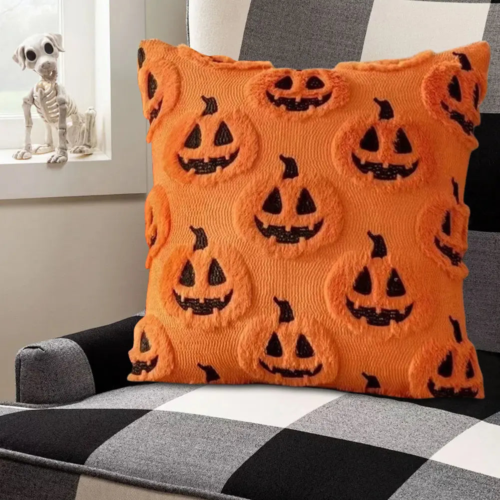 Halloween Pumpkin & Ghost Throw Pillow Cover | Plush Faux Fur