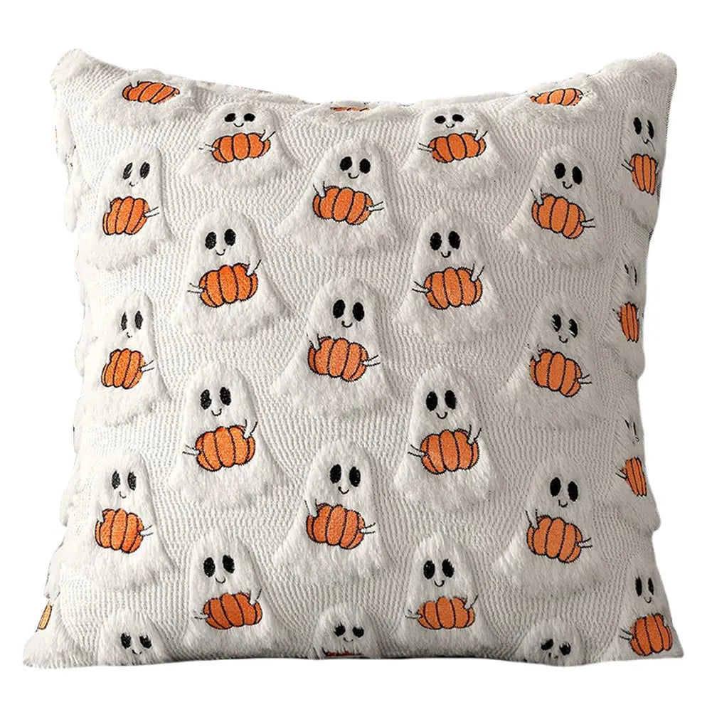 Halloween Pumpkin & Ghost Throw Pillow Cover | Plush Faux Fur