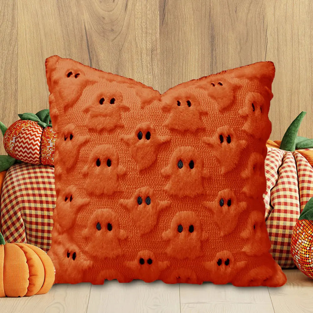 Halloween Pumpkin & Ghost Throw Pillow Cover | Plush Faux Fur