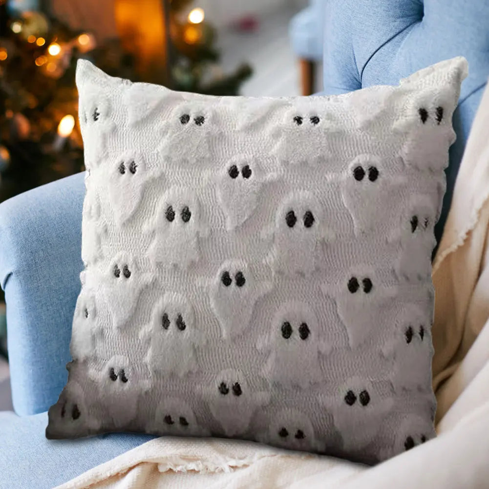 Halloween Pumpkin & Ghost Throw Pillow Cover | Plush Faux Fur