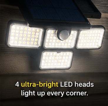 4-Head Solar Motion Sensor Light — 120 LED, IP65 Waterproof